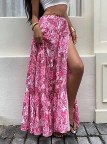 SHEIN Unity 女式夏季性感度假波西米亚风佩斯利印花多层下摆高开衩裙 - 粉色 - 查看 3