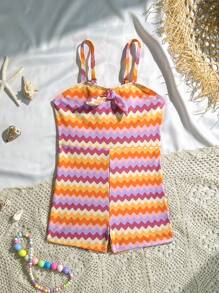 年轻女孩度假波浪条纹分体泳衣（含短裤） - 彩色 - 查看 3