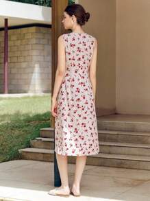 Chiquease Robe longue femme sans manches à col V avec boutons effet perle et imprimé floral rouge - Nude - Voir 2