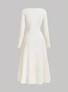 SHEIN MOD 女士优雅缎带拼接蝴蝶结装饰长袖长裙，冬季连衣裙，女士连衣裙，优雅女士连衣裙，米色女士连衣裙 - 米色 - 查看 2