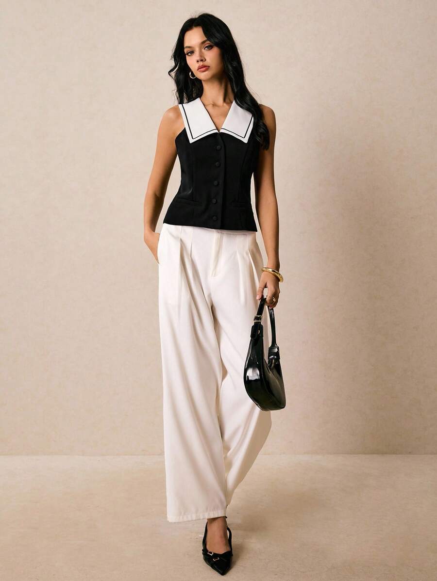 Poéselle Women's Casual Chic Slim Fit Contrast Color Collar Sleeveless Top, Business Casual Tops Women, Black And White Top, Office Tops Women - Black - View 1