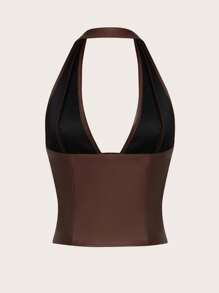 SHEIN ICON Women's Solid Color Simple Casual PU Leather Halter Neck Grommet Decor Tied Tank Y2K Going Out Burgundy V-Neck Off Shoulder Top