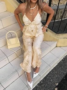 Siren Gaze 女式亮片拼接露背吊带背心，夏季时尚 - 杏色 - 查看 4