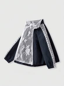 Young Girls Casual Fashion Long Sleeve Lace Decor Pocket Jacket