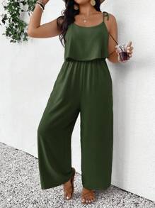 SHEIN Frenchy Plus Size Casual Holiday Textured Solid Color Jumpsuit,Holiday Outfits For Women - Dark Green - View 1