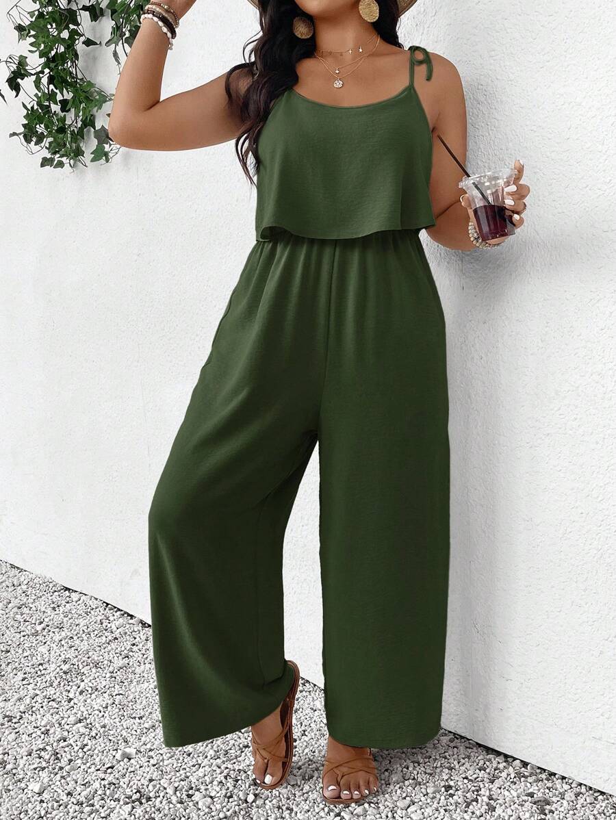 SHEIN Frenchy Plus Size Casual Holiday Textured Solid Color Jumpsuit,Holiday Outfits For Women - Dark Green - View 1