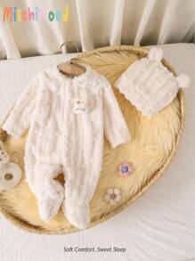 SHEIN 2 stuks/set pasgeboren beige pluche textuur 3D konijn patroon lange mouwen voet jumpsuit en hoed nachtkleding set