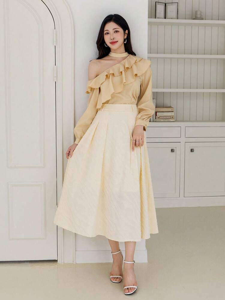Cream Yellow Solid Color Oblique Shoulder Collar Ruffle Hem Women Blouse Long Sleeve Top