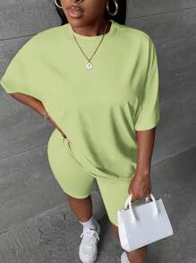 Slaydiva Women Solid Color Round Neck Short Sleeve Top And Shorts Casual Set