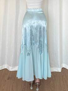 Chiquease Women's Elegant Textured Floral Pattern Satin Ruffled Hem A-Line Skirt, Summer - Green - View 2