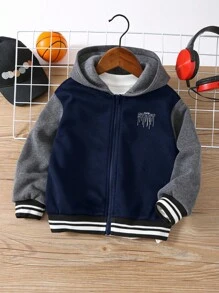 SHEIN 1 件年轻男孩休闲连帽夹克，舒适、时尚、实用、百搭，带有英文文字，适合日常穿着、上学、旅行、运动、秋冬 - 藏蓝色 - 查看 4
