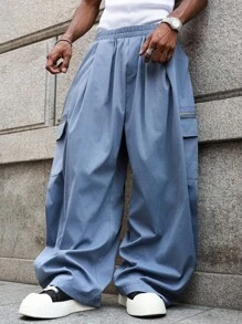 Manfinity Hypemode Pantalones casuales sueltos con bolsillos con solapa para hombres - Celeste - Ver 6