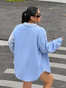 SHEIN EZwear 大码女式拼布条纹前扣口袋休闲衬衫 - 藍色 - 查看 2