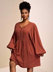 Slaydiva Casual, Versatile, Loose Fit, Vacation, Cruise Travel, Beach Wear Women Plus Size Front Button Tie Sleeve A-Line Dress - Brown - View 4