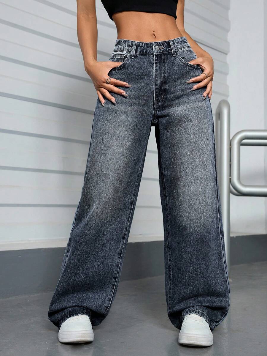 SHEIN PETITE 女式休闲日常做旧斜口袋宽松牛仔裤 - 藍色 - 查看 1