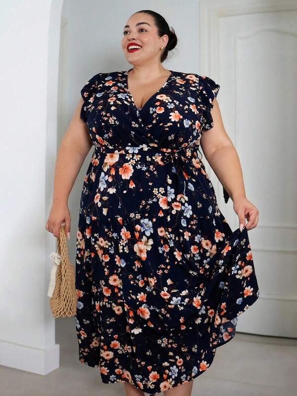 Pretty and Ole Abito midi o lungo da donna stile vacanza, scollo a V, con balze e stampa floreale, per taglie forti