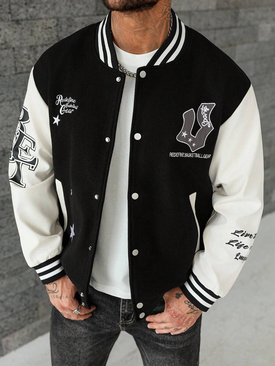Manfinity Homme Herren Lässige Kontrast Farbige Knopf-Oben Buchstaben Grafik Baseball Jacke Herren Collegejacke Schwarz und Weiß Jacke Streetwear Baseball Jacke Grafik Jacke Streetwear Jacke, Herbst - Schwarz - Übersicht 1