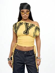 SUMWON 加大码露肩纽约字母印花T恤校园风夏季休闲时尚街头风节日短款 - 黃色 - 查看 1