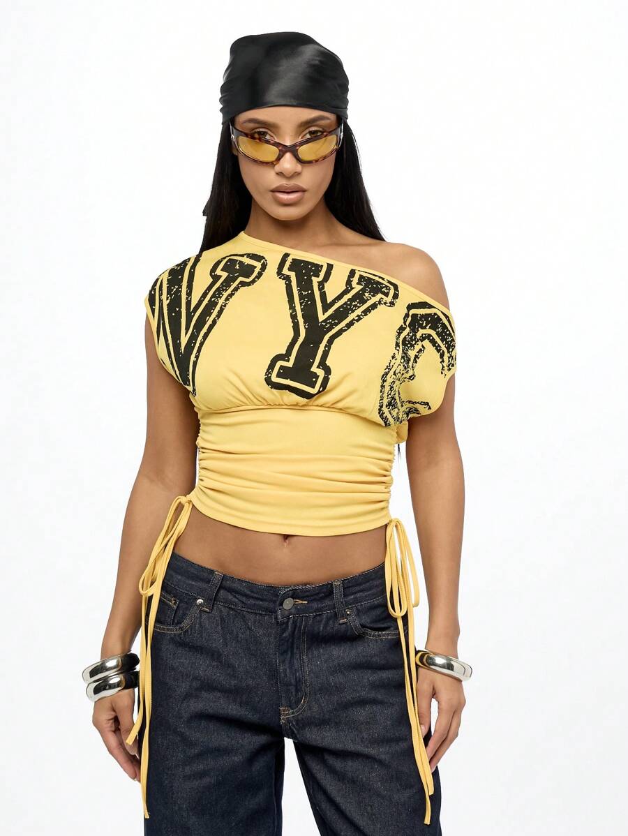 SUMWON 加大码露肩纽约字母印花T恤校园风夏季休闲时尚街头风节日短款 - 黃色 - 查看 1