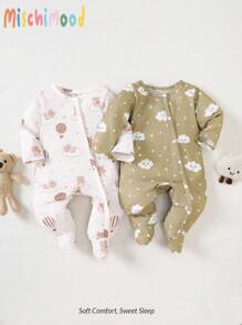 2 件套新生儿柔软印花云朵和熊长袖连脚连体衣睡衣，适合夏季家居服 - 彩色 - 查看 8