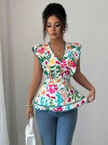 Elenzga Women's Fashionable Casual Ruffle V-Neck Fitted Floral Blouse - Multicolor - View 6