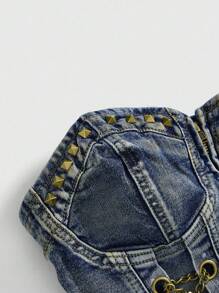 ROMWE Avant Áo yếm denim kim loại mặt chữ thập cổ điển cỡ lớn có họa tiết cổ điển - Màu xanh lam - Xem 4