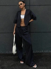 Livesso 2pcs Women V-Neck Striped Blouse And Casual Pants Set Lounge Sets For Women - Blue and White - View 2