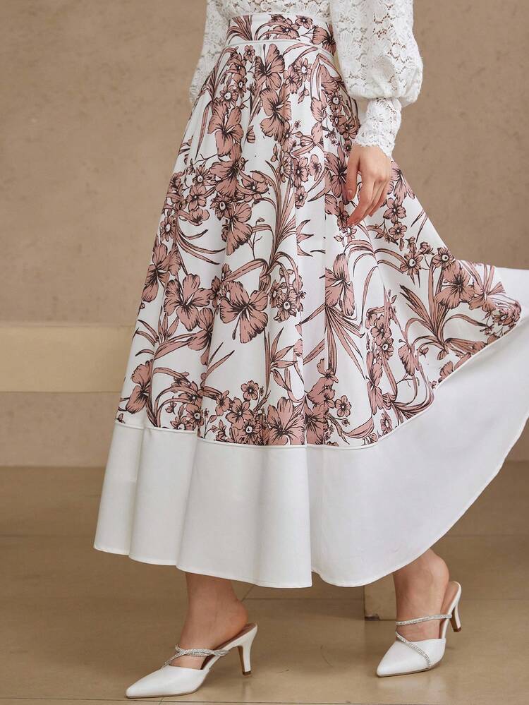 Elegant Mixed-Color Floral Print Patchwork Women's A-Line Skirt