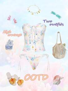 SHEIN Swim 全新多色随机印花海洋风格荷叶边可拆卸项链/抽绳设计比基尼上衣和系带侧三角比基尼下装，女式夏季度假泳衣套装 - 彩色 - 查看 3