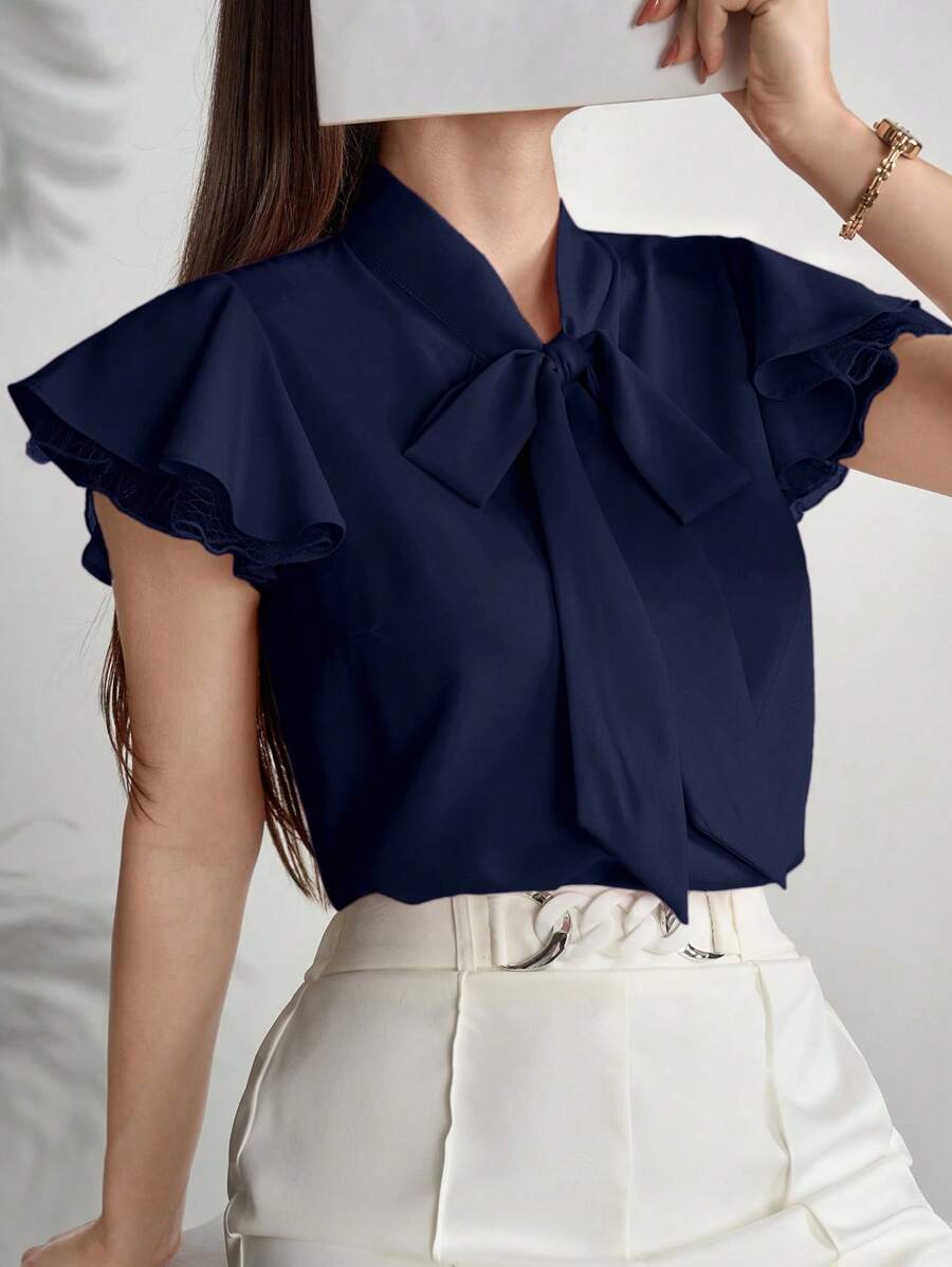 Modelyn 女士纯色系带领短袖正装衬衫，优雅通勤，夏季