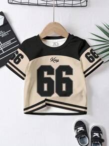Camiseta de manga corta y cuello redondo con estilo deportivo de béisbol clásico y de moda casual para niño, con bloques de color, parcheado y estampados de N.66 y Rey, cómodo para el verano