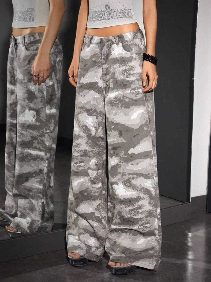 SHEIN Unity 女式全印花休闲百搭宽松阔腿牛仔裤,带口袋 - 彩色 - 查看 1