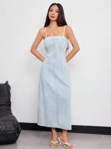 SHEIN ICON Solid Color Casual Slim-Fit Summer Fashion Strap Denim Dress - Light Wash - View 1