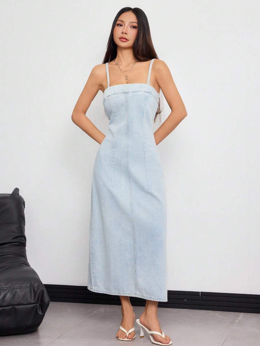 SHEIN ICON Solid Color Casual Slim-Fit Summer Fashion Strap Denim Dress - Light Wash - View 1