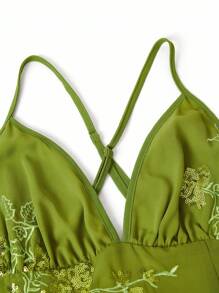SHEIN LUNE Women's Boho Maxi Dress In Olive Green With Delicate Floral Embroidery And Spaghetti Straps - Green - View 3