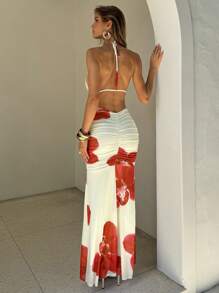 Aloruh Váy Maxi Chữ A hở lưng họa tiết hoa lưới nhún bèo gợi cảm cho kỳ nghỉ lãng mạn dành cho nữ, Xuân/Hè - trái cam - Xem 2