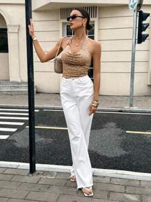 SHEIN Frenchy Camiseta de tirantes con cuello halter sin espalda y hebilla metálica con lentejuelas de moda de verano para mujer