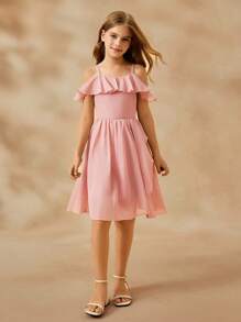 SHEIN Girls' Costume Dress, Short Chiffon Violin & Piano Performance Apparel For Children, Choir Ensemble Outfit - Pink - View 5