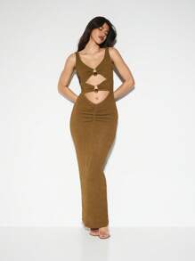 KIZN Vestido largo de punto con detalles de doble anillo con abertura, ajustado, para ocasiones de otoño e invierno, sin mangas, moderno y elegante