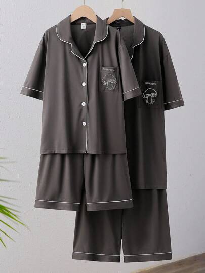 男士简约优雅深灰色开胸口袋刺绣短袖开衫和短裤，舒适爸爸睡衣