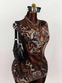 Amplova Vestido ajustado con inserción de malla con estampado de tigre, cuello drapeado, de múltiples formas de usar, talla grande, con lazo en la espalda - Multicolor - Ver 11