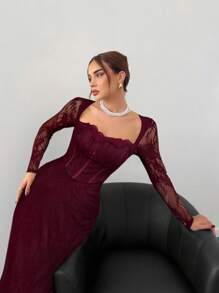 Aloruh Đầm Maxi Ôm Sát Cổ Tròn Phối Ren Tay Dài Kiểu Corset Phong Cách Dự Tiệc/Hẹn Hò/Buổi Tối Mới Thu/Đông Cho Nữ, Màu Đen - Màu Đỏ Sâu - Xem 4