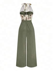 Celure Plus Size Rose Print Contrast Color Drawstring Jumpsuit, Elegant & Romantic Loose Fit New Design, Suitable For Valentine's Day Floral Jumpsuit Green Jumpsuit Women Jumpsuits For Women Wide Leg Halter Jumpsuit Boho Jumpsuit