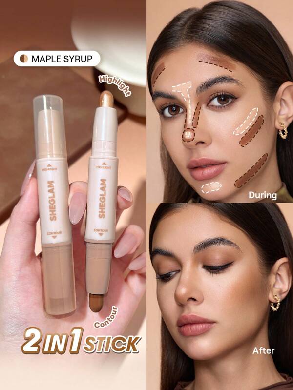 SHEGLAM 2-In-1 Contour & Highlight Stick-Maple Syrup Graduation Birthday Holiday Summer Fall Autumn Y2K Fancy Fashion Women Makeup Cosmetic Party Beach Travel Camping Outdoors School Campus Trip Festivals Decor Gift Present Rose Girl Cosplay Best Color Charm Vibe