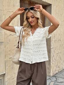 Pariaura Áo cánh thanh lịch tay ngắn cổ chữ V phối ren phía trước cơ chế mở vạt vải màu mơ xuân hè cho nữ - trắng - Xem 5