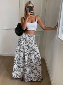 Livesso Saia Floral Ditsy Evasê, Saia Casual de Verão para Férias, Looks Boho de Férias para Mulheres - Preto - Visão 3