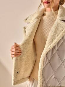 CLARA VERO Women Color Block Front Button Placket Sleeveless Pockets Casual Padded Coat Fashionable Casual Geometric Quilted Long Sleeve Jacket With Pockets - Beige - View 7