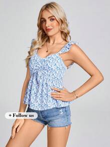 SHEIN LUNE 女式白色底蓝色碎花盖袖V领衬衫