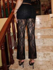 Melissa Matos Women's High Waist Flare Lace Knit Vacation Pants - Black - View 2