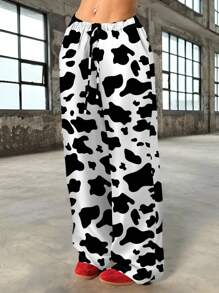 SHEIN EZwear Plus Size Casual Full Print Cow Spots Pattern Drawstring Straight Leg Pants, Suitable For Spring/Summer